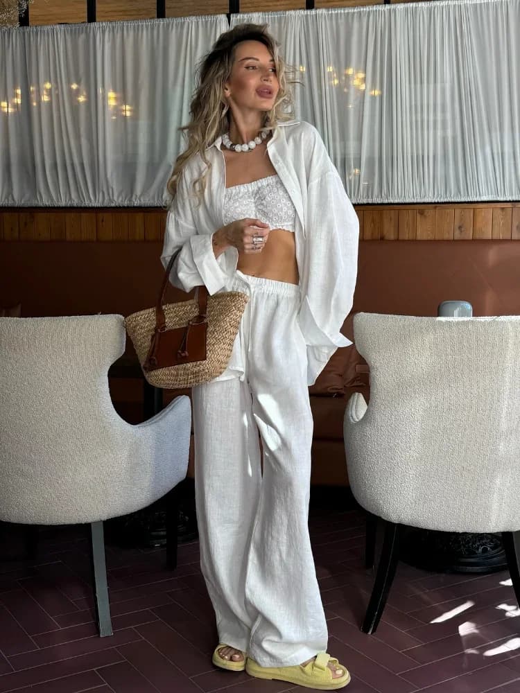 2025 Set di camicie di lino in cotone casual solido Camicetta abbottonata chic con coulisse Pantaloni a gamba larga Abito da donna per le vacanze estive
