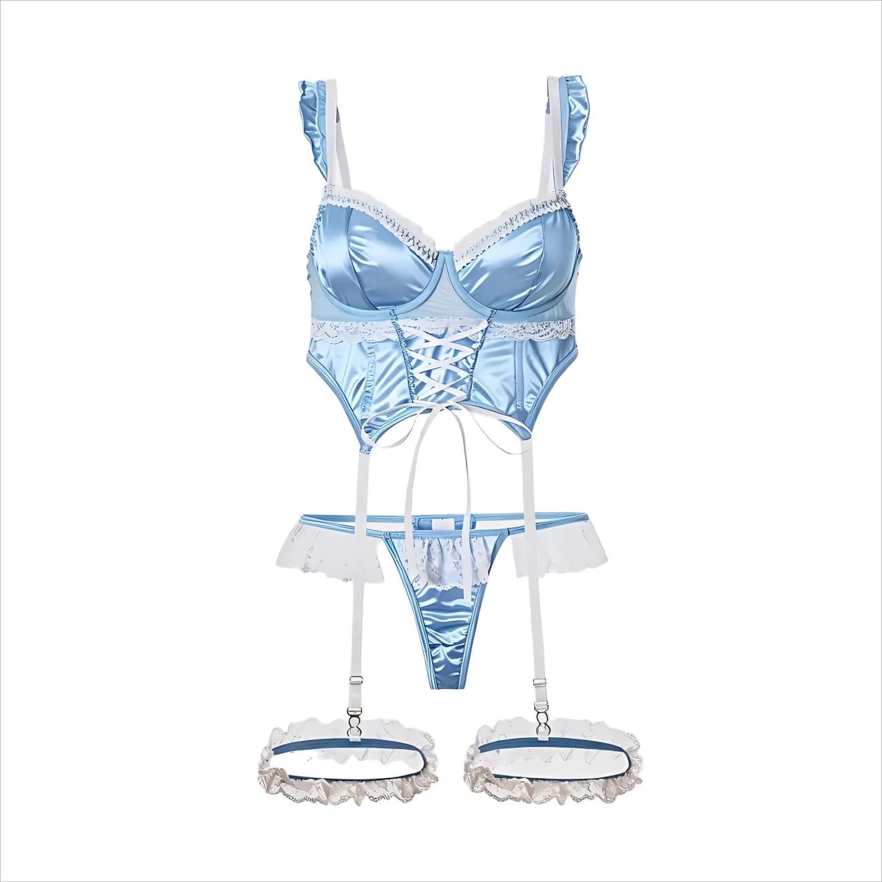 Set di lingerie da donna in raso jacquard con pizzo, decorazioni a volant e laccetti, con ferretto, per donna