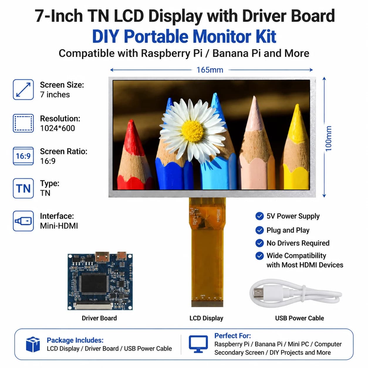 7 Inch 1024*600 HD Screen Display LCD Monitor Driver Control Board Mini HDMI-Compatible For Raspberry Pi Banana Pi PC