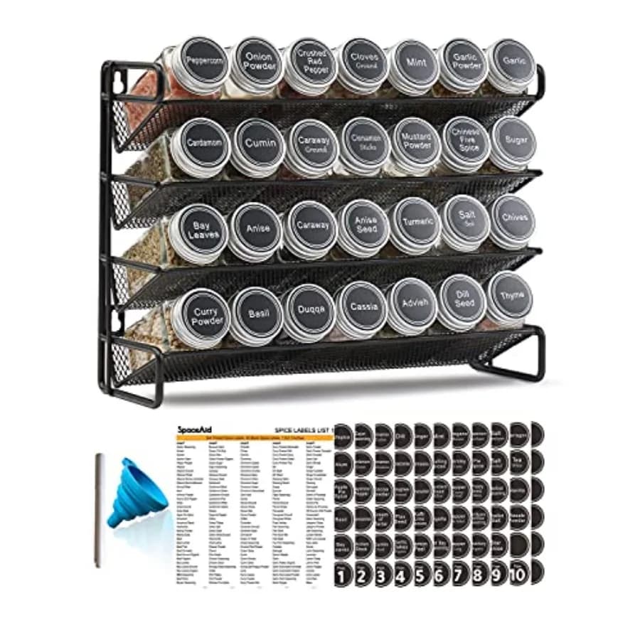 Organizzatore per Spezie con 28 Barattoli, 386 Etichette, Pennarello e Set Imbuto per Armadietto, Piano di Lavoro, Dispensa o Credenza