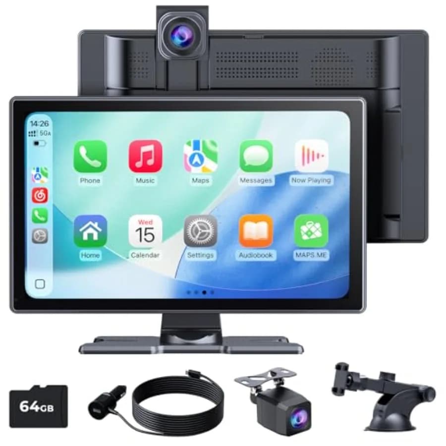 Schermo Carplay per Apple Carplay e Android Auto: Schermo touch wireless IPS HD da 9 pollici, dashcam 4K, telecamera posteriore 1080p, controllo vocale, navigazione.