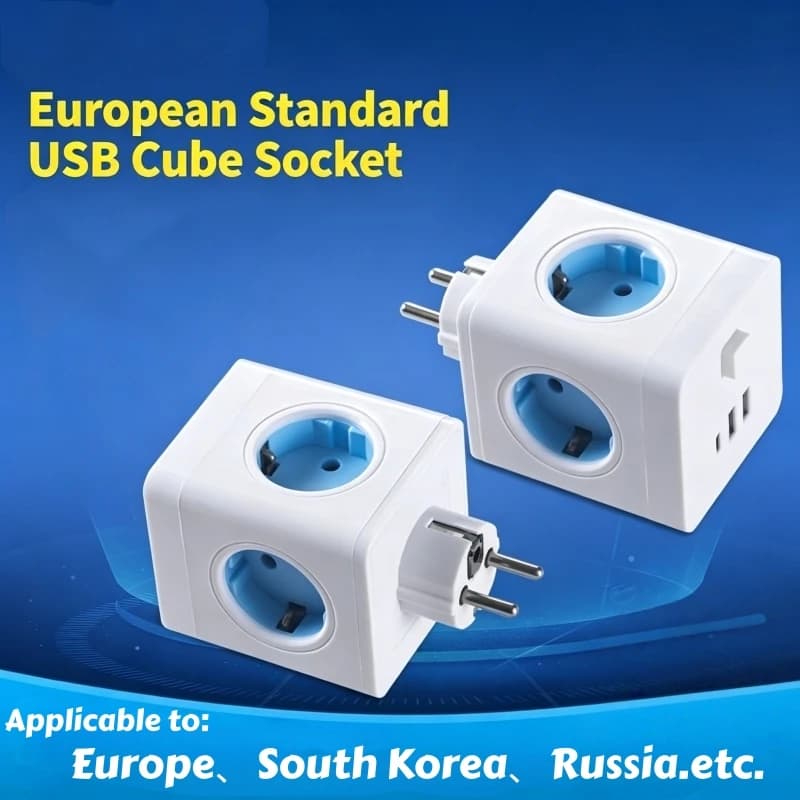 4-in-1 EU Plug Cube Socket with USB-A + Type-C Fast Charger, Compact Wall Adapter for Home & Travel Use