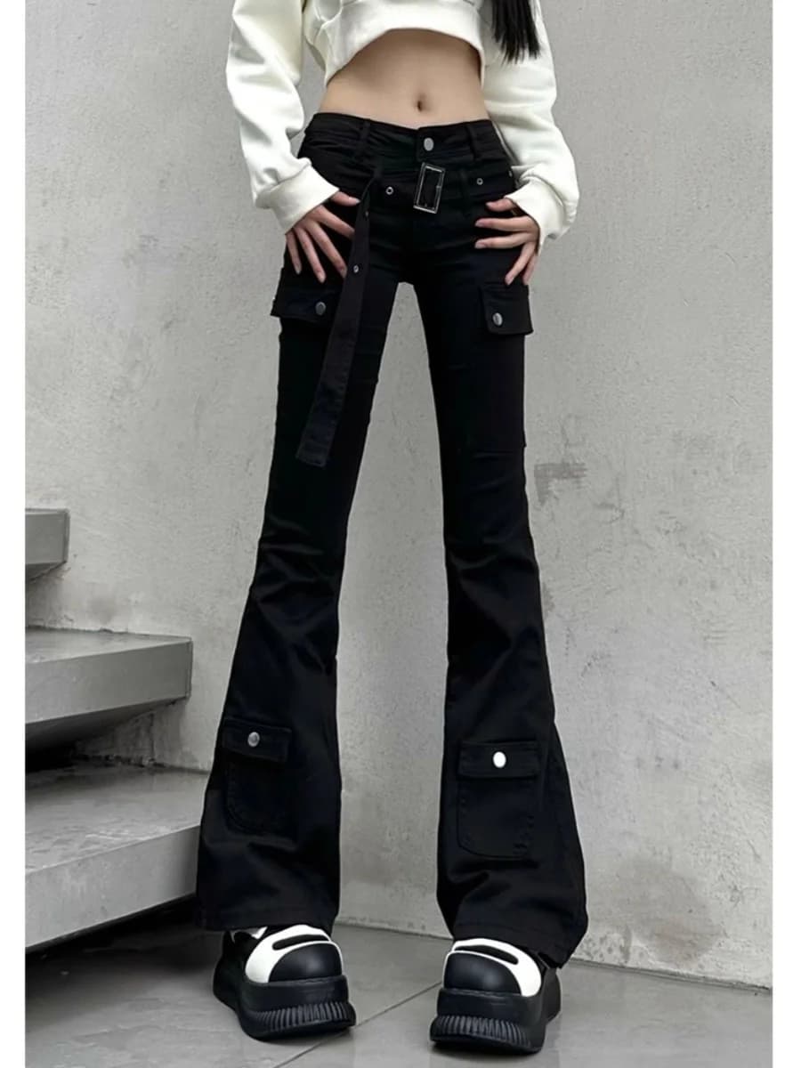 Jeans Denim Micro Flared Y2K Trendy Girl Donna Primavera Autunno Nero Stile Americano Design Snellente Unico Workwear