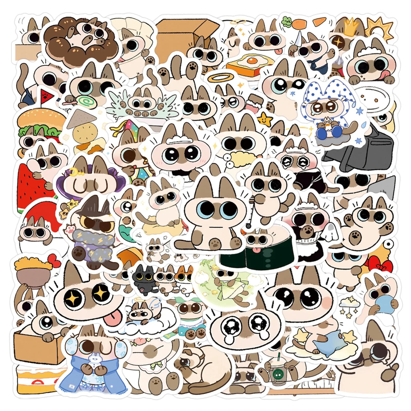 105 Pezzi Adesivi Serie Gatto Siamese, Sticker Decorativi per Valigie, Attrezzatura Ciclistica, Borracce, Skateboard Fai-da-Te, Autoadesivi