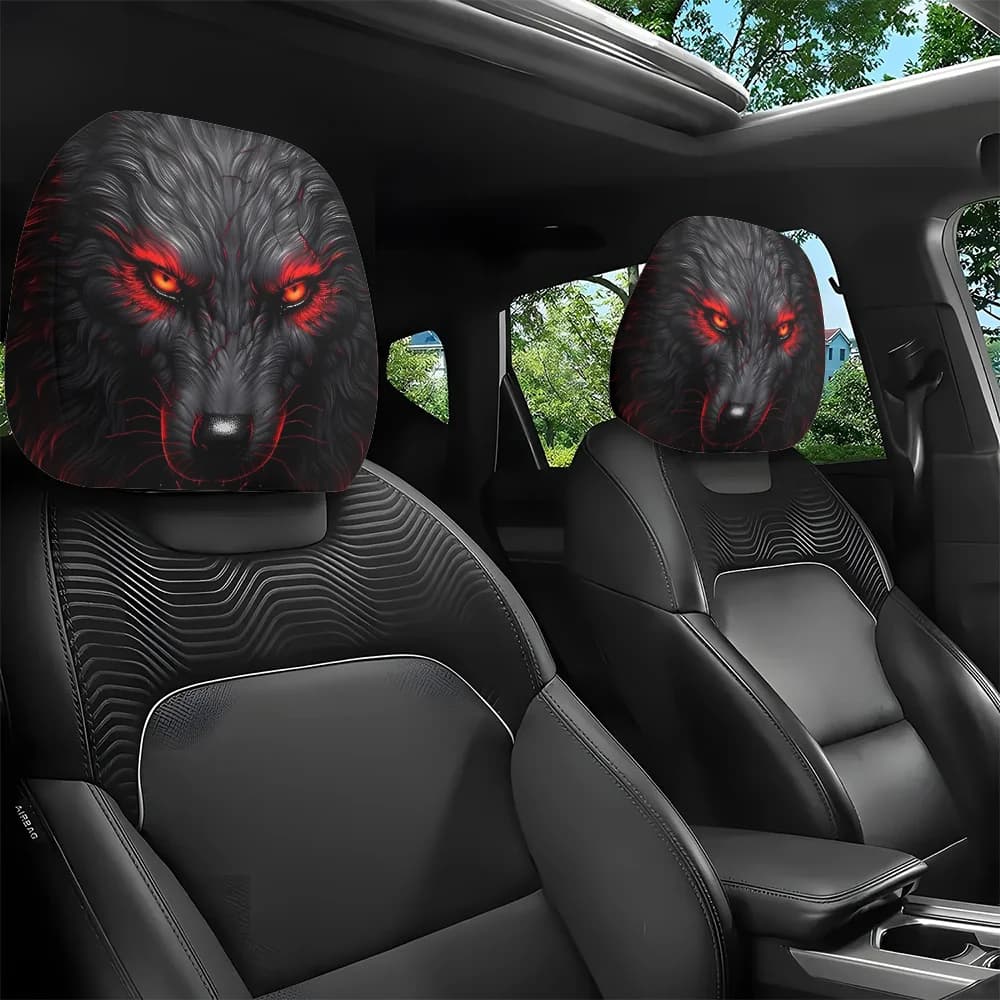 2 Pieces Covers Poggiatesta Auto Style Dark with Motivo Lupo Red Eyes, Without Padded, Protecting Dust Seats, Ideal for Long Travels