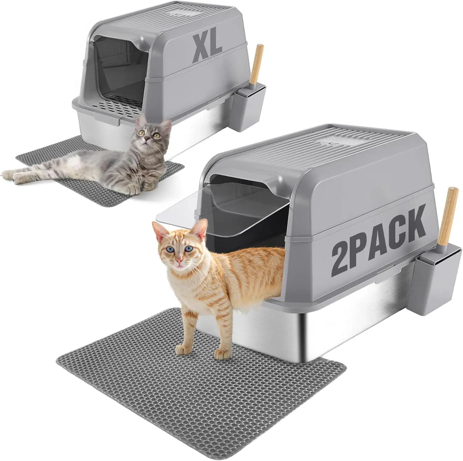 Set di 2 Lettiere per Gatti XL in Acciaio Inox con Coperchio, 61 cm L × 41 cm L × 43 cm A - Controllo Odori e E