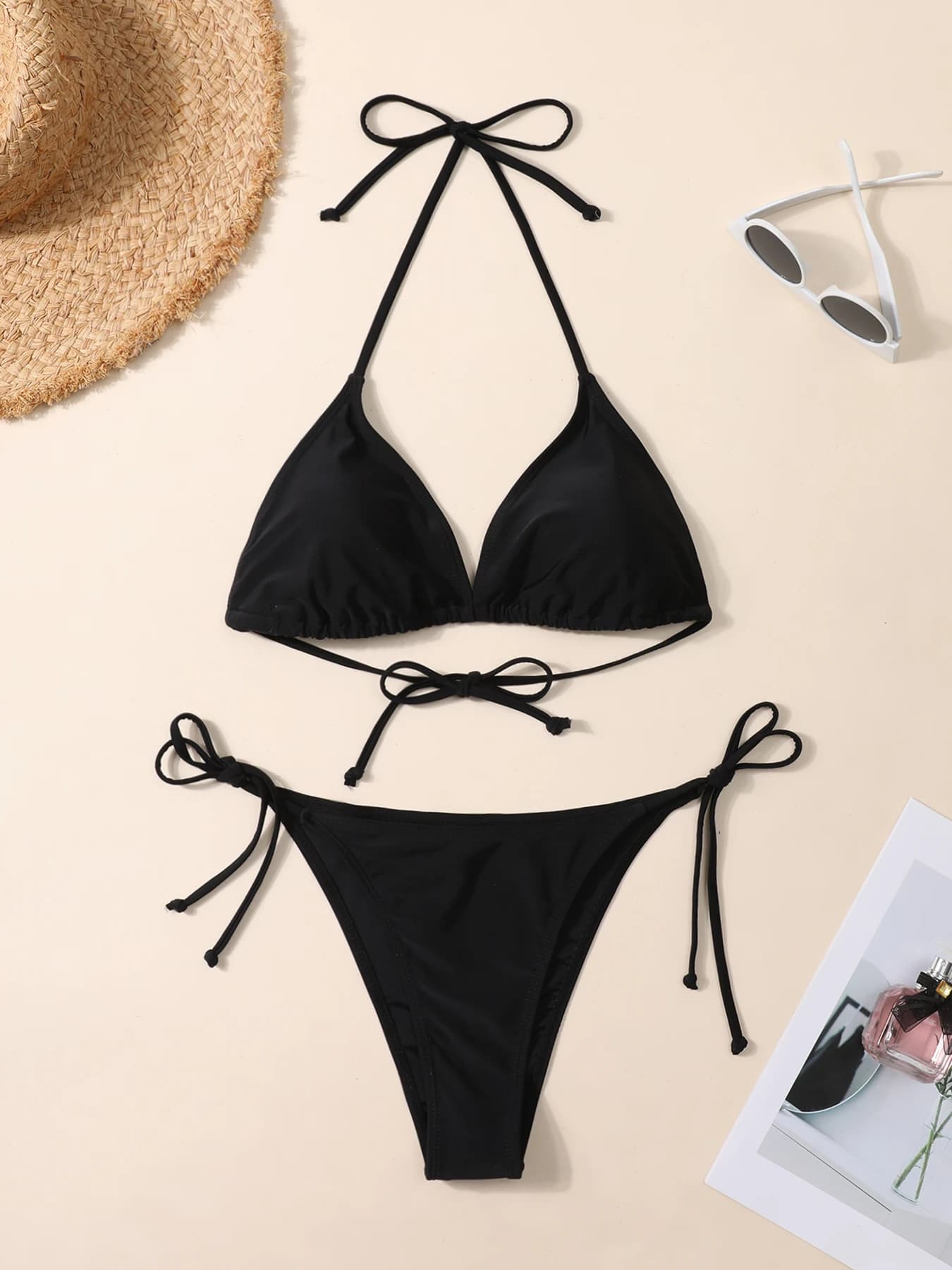 Set bikini nero sexy, con laccio al collo, taglia pantaloni regolabile, perfetto per le vacanze, regalo per gli amici, essenziale per i viaggi in spiaggia