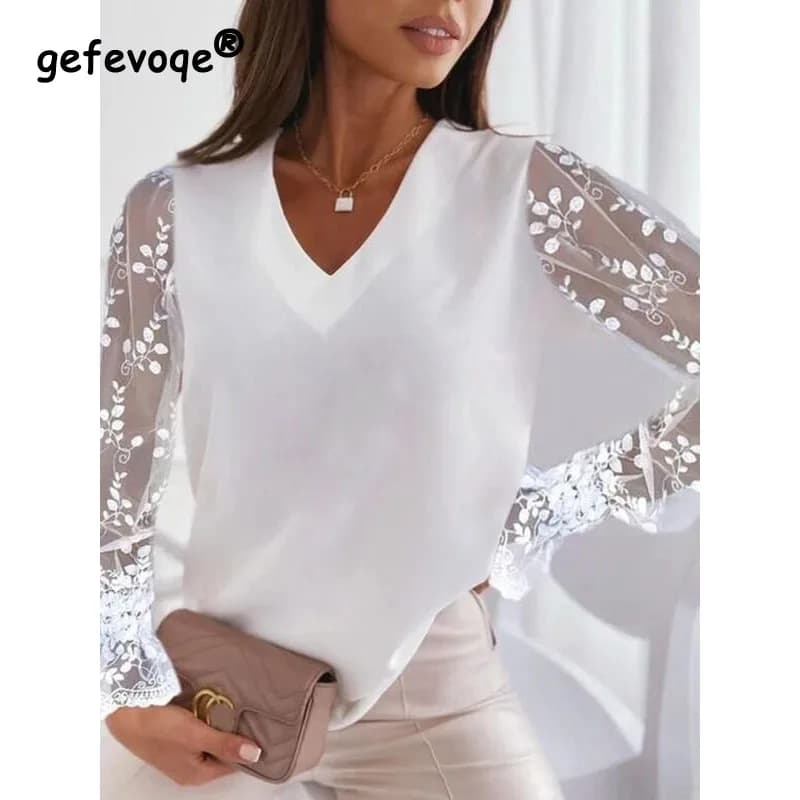 2023 autunno nuova moda donna elegante tinta unita temperamento scollo a v pannello stampa pizzo manica lunga confortevole Versatile Top