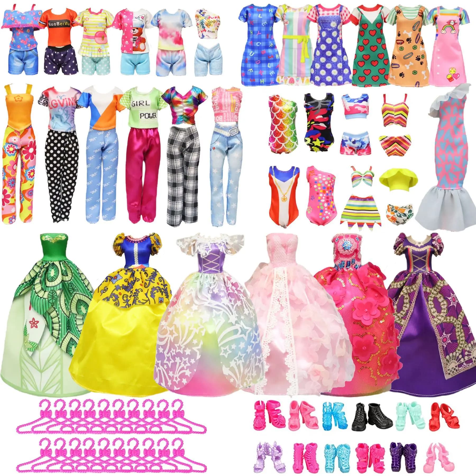 27 pezzi di accessori per bambole alla moda = 1 abito + 2 abiti + 2 costumi da bagno + 3 occhiali + 10 scarpe + 7 vestiti appendiabiti per giocattoli per bambole da 11,5 pollici