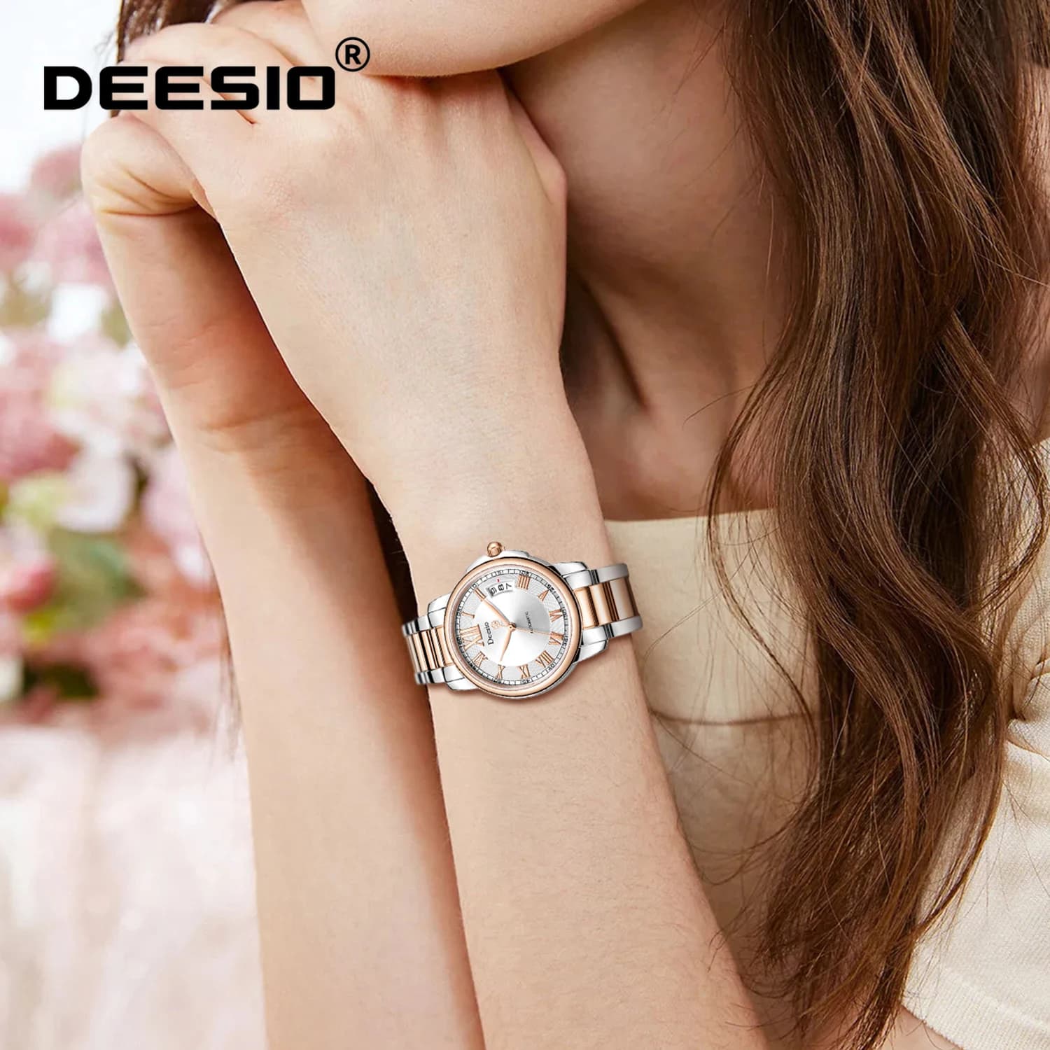 Deesio mechanical watch with date, stainless steel strap, waterproof up to 50 m, luxury fashion gift for women, birthday, Christmas