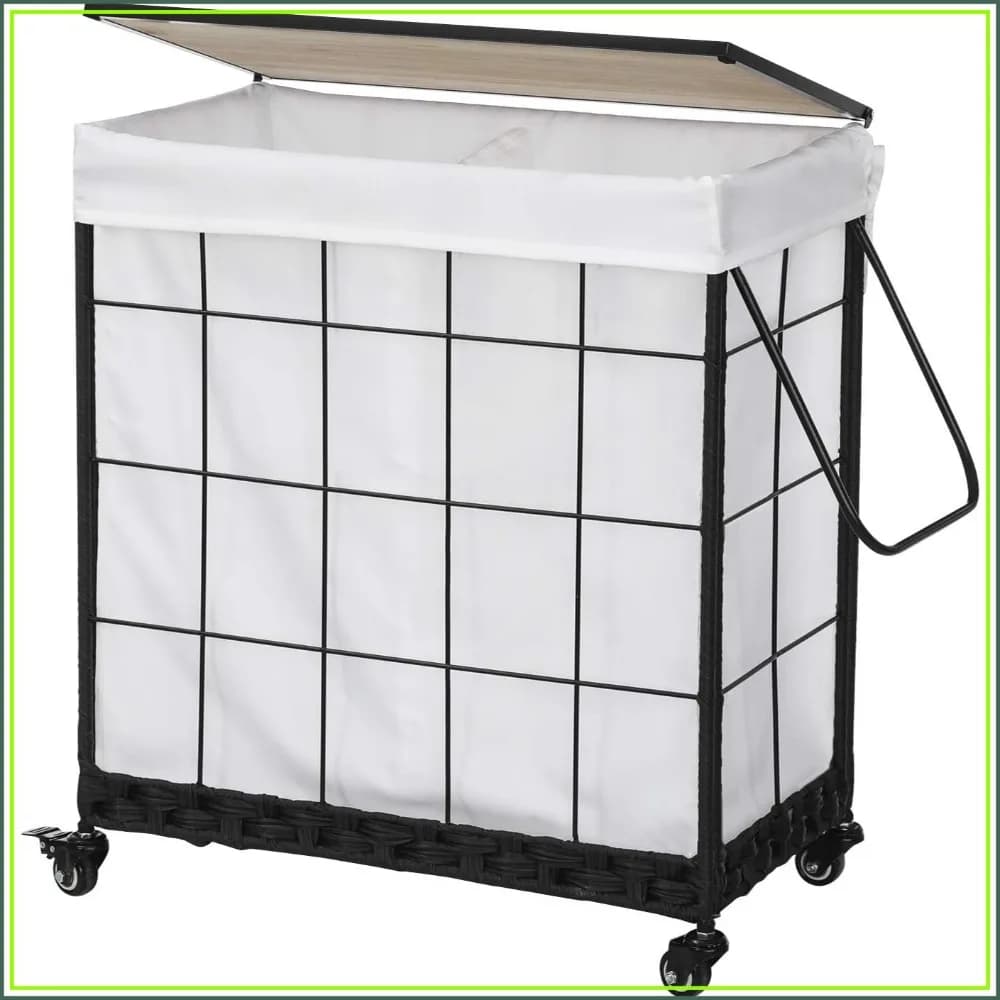 Durable Laundry Hamper with Removable Liner Bag, Heavy Duty Wheels, Wood Lid and Metal Handle - Clothes Sorter and Basket