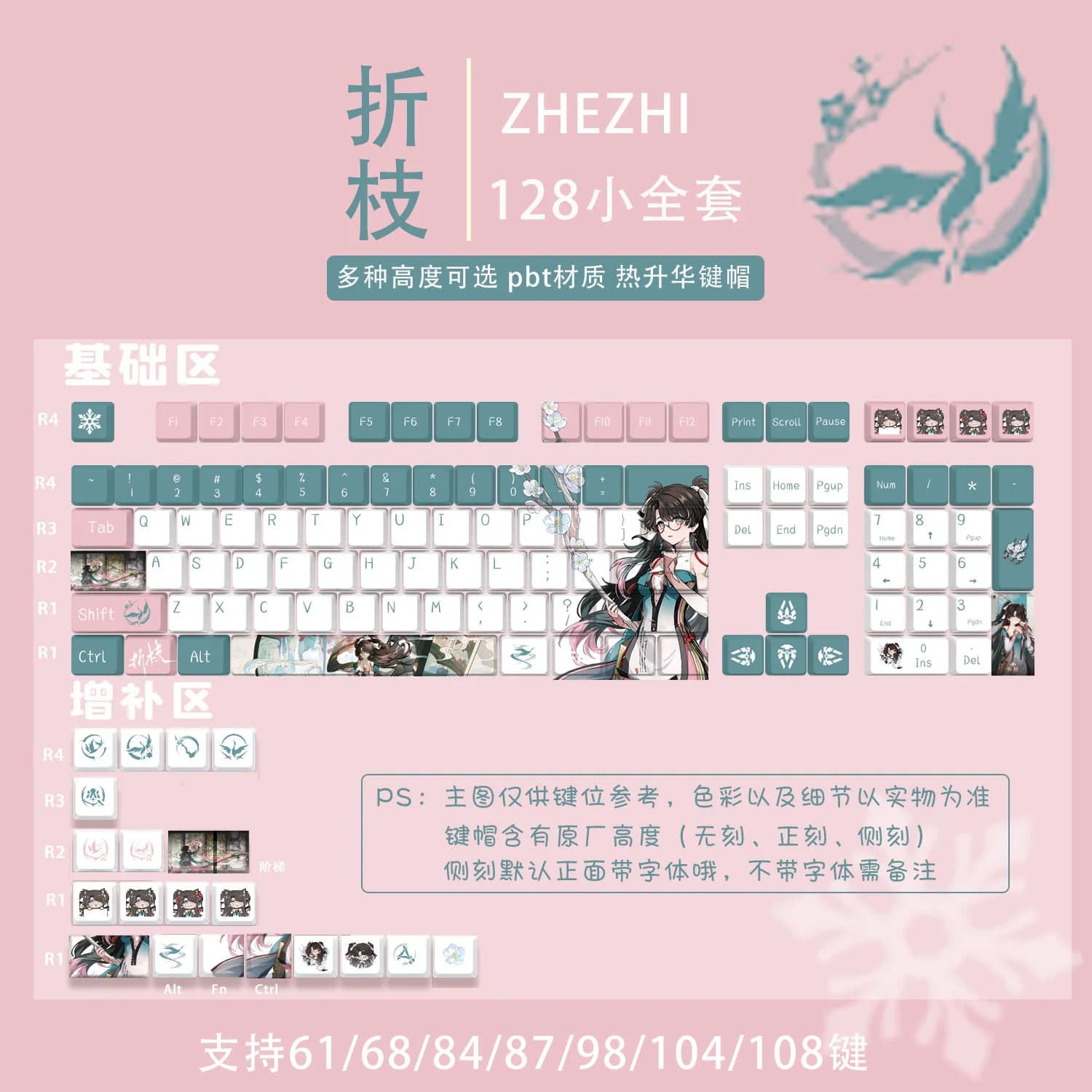 128 tasti Wuthering Waves Tema Copritasti personalizzati Chreey Anime Gioco Stampa laterale Trasparente Dye-Sub Tastiera meccanica Estrattore per copritasti