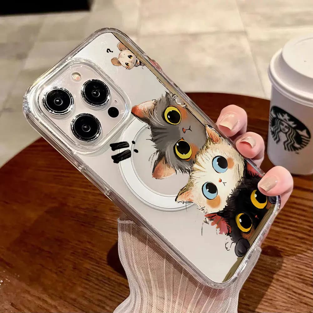 Korean Cute Cat Wireless Charging Phone Case For iPhone 17 16 Pro Max Air 15 12 14 13 11 Pro Max 14 16 15 16E 17E Plus Cover
