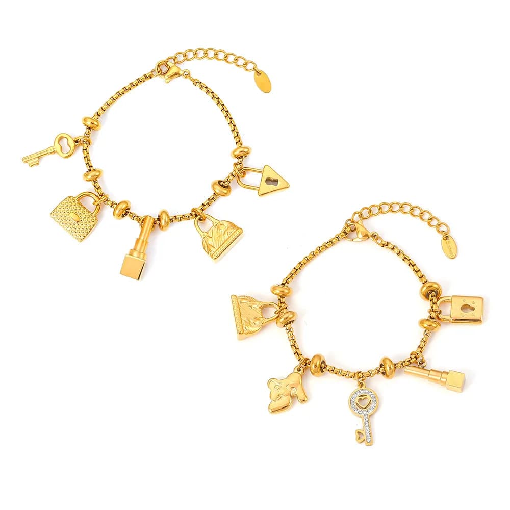 Bracciale di Lusso con Ciondolo a Forma di Chiave con Strass, Gioiello Personalizzato in Acciaio Inossidabile Placcato Oro per Donne, Impermeabile, Idea Regalo