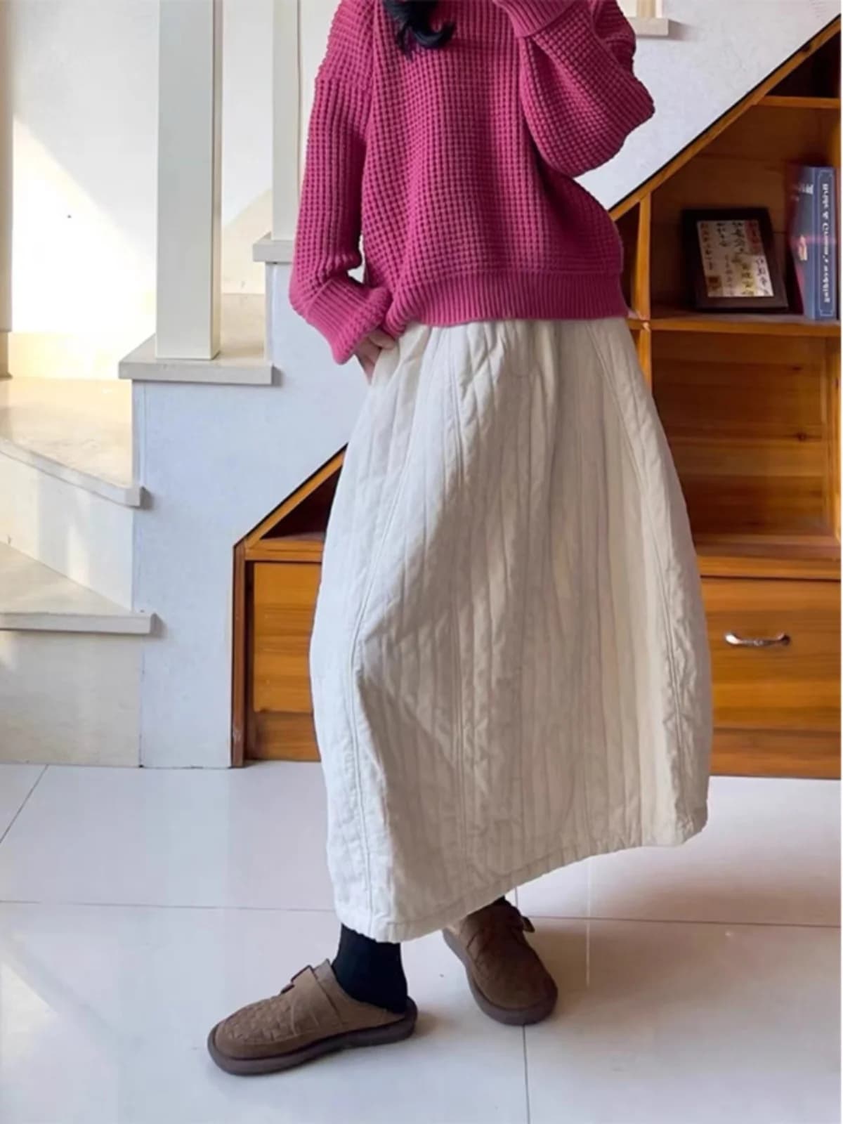 Gonna a vita alta in cotone spesso da donna, semplice e versatile, a trapezio, lunghezza midi, stile giapponese, casual per il lavoro e per il tempo libero.