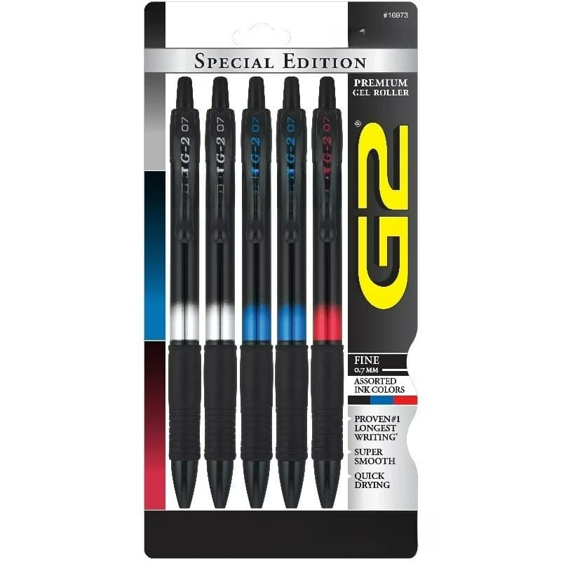 Penna Gel Premium G2 Metal Gradation Collection, Punta Fine, Inchiostro Nero, Blu, Rosso, Confezione da 5
