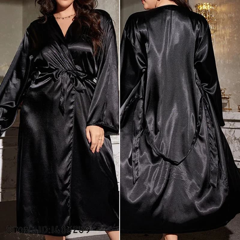 New Plus Size 5XL Long Dress Satin Night Shirt Spring Kimono Black Bathrobe Home Clothes Wide Nightwear Loungewear Lingerie