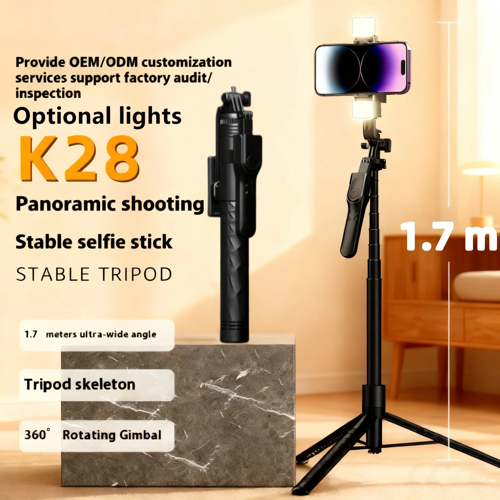 FGCLSY 2026 New Tripod Selfie Wireless 1.7M Foldable for Action Cam and Smartphone, Fixed and Balanced