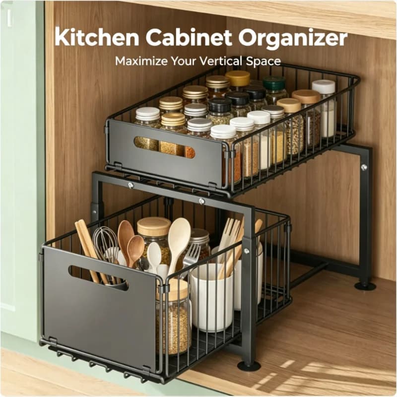 Organizzatore a 2 livelli sotto il lavello, cassetto estraibile scorrevole, cestello portaoggetti per armadietto da cucina per bottiglie di spezie, snack, barattoli
