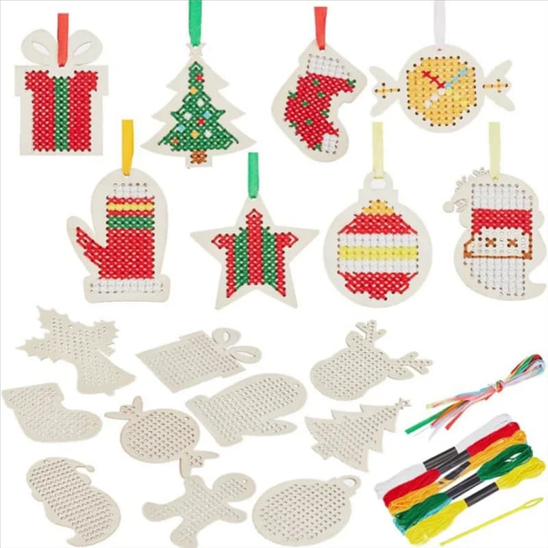 Kit punto croce in legno Tema natalizio Kit punto croce con chip di legno Decorazione albero di Natale Ornamento natalizio-A27R