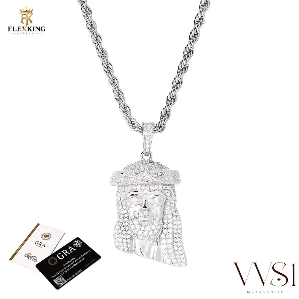 FLEXKING 925 Silver VVS1 Moissanite Jesus Head Pendant Necklace For Men Iced Out Hip Hop Rope Chain Jewelry With GRA Certificate