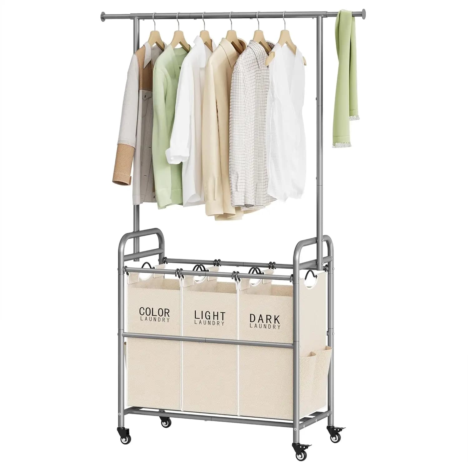 Organizer for 3 compartments with clothes hanger, removable bags and wheels for easy preservation and organization of clothes