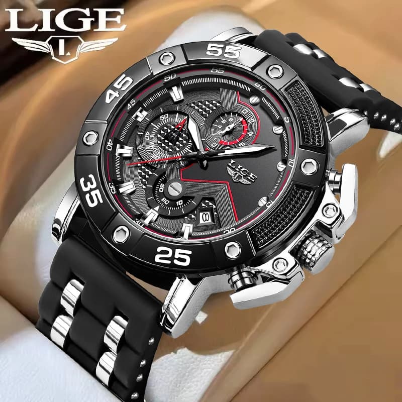 LIGE Black Silicone Watch for Men Fashion Business Men Casual Military Sports Clock Waterproof Quartz Chronograph Reloj Hombre