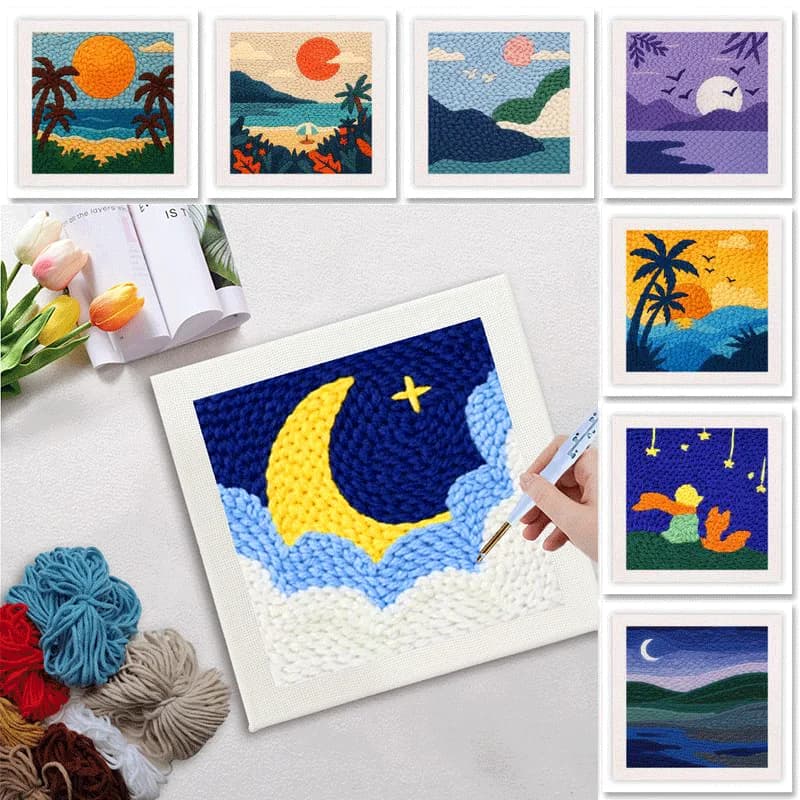 GATYZTORY Punch Needle Kit with Hoop Pattern Yarn Tools for Beginners Landscape Pattern DIY Embroidery Craft Set Holiday Gift