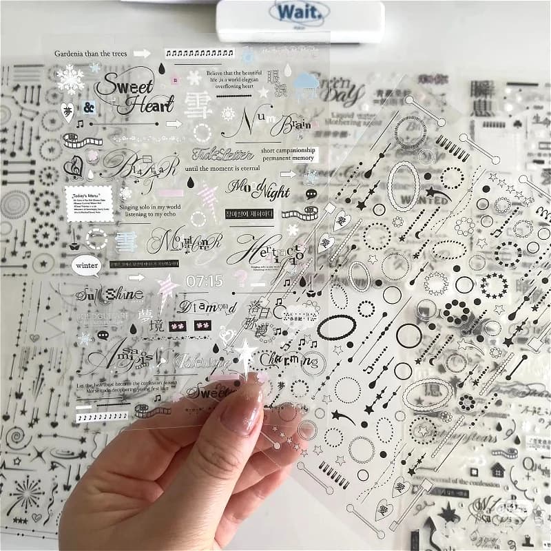 8 pezzi adesivi Kawaii in bianco nero PET Y2K adesivo in materiale decorativo per diario spazzatura per cancelleria adesivo diario scrapbooking