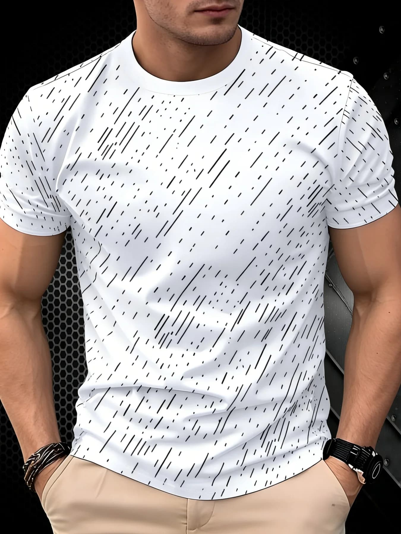 Black Wavy Line Digital Print T-shirt, Minimalist Style Men's Casual Short-sleeved Shirt