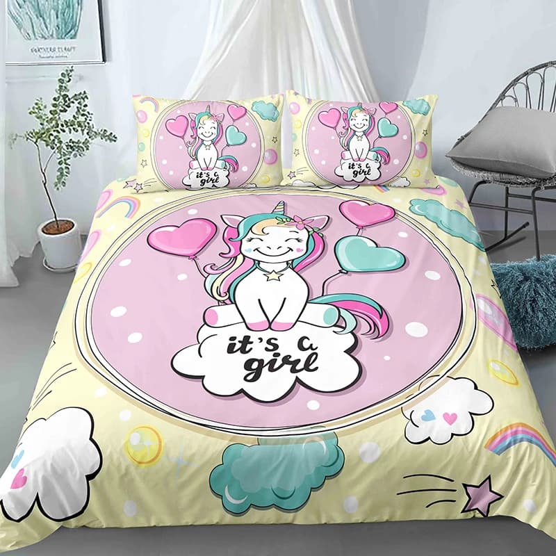 Set copripiumino carino unicorno cartone animato con federa Queen King Size 2/3 pezzi vestiti da letto per bambini set biancheria da letto in poliestere per adulti