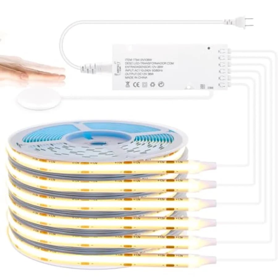 Kit Striscia LED COB 12V - Striscia LED Autoadesiva Parallela con Interruttore Touch Dimmerabile per Doghe in Legno