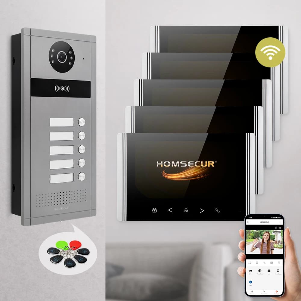 HOMSECUR Tuya App 7 "HD WIFI Videocitofono Campanello Citofono Monitoraggio Visione notturna per 5 famiglie