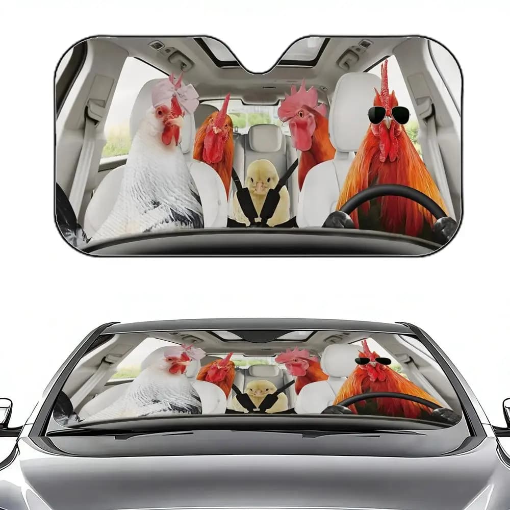 Parasole Retrattile per Auto con Design 'Driving Chickens', Protezione UV per Parabrezza e Finestrini