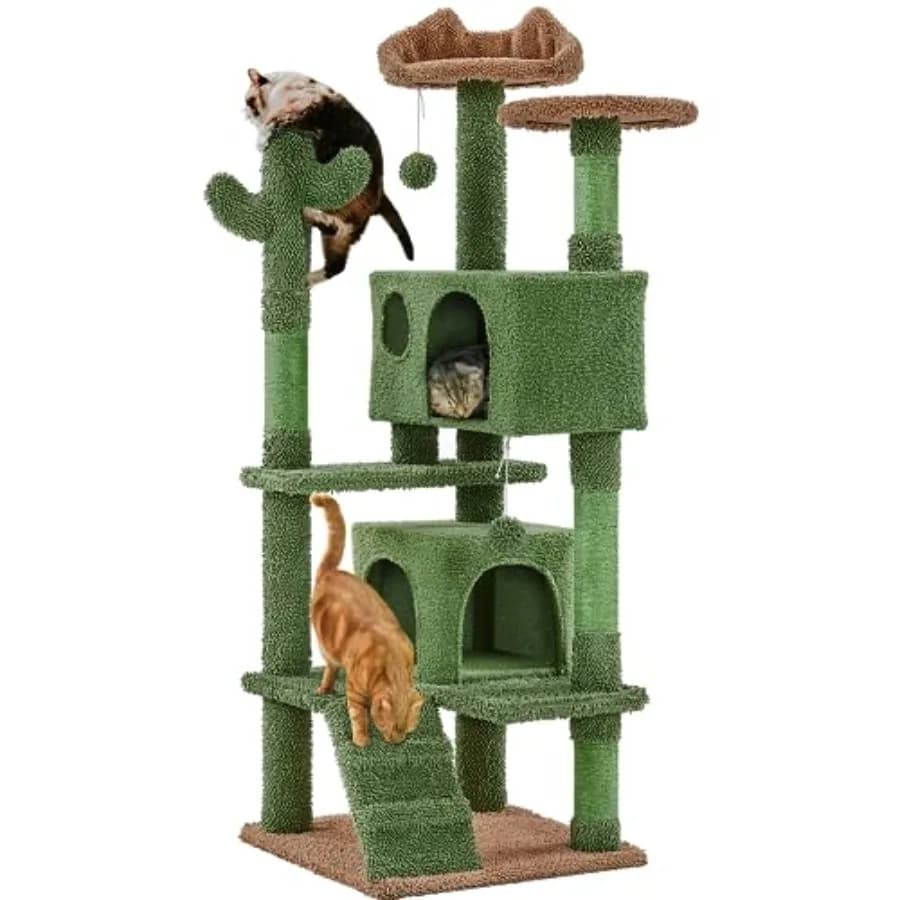 Torre per Gatti a Forma di Cactus 54.5in con Rampa, Postazione a Forma di Orecchio di Animale, Tiragraffi, Piattaforma, Palla Sospesa e Cuccia Multilivello per Gatti