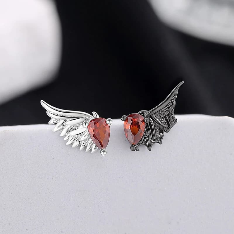 PANJBJ 925 Sterling Silver Red Zircon Studs Earring For Women Neo-Gothic Punk Wing Feather Angel Devil Jewelry Gift Dropshipping
