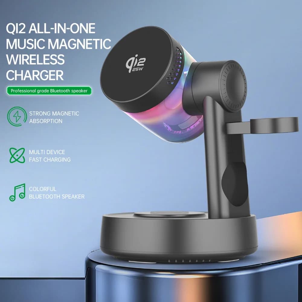 Altoparlante Bluetooth QI2 25W 5.3 con Caricatore Wireless Magnetico Rapido da 25W e Sveglia per iPhone 17-12 Pro Max, Apple Watch, Airpods