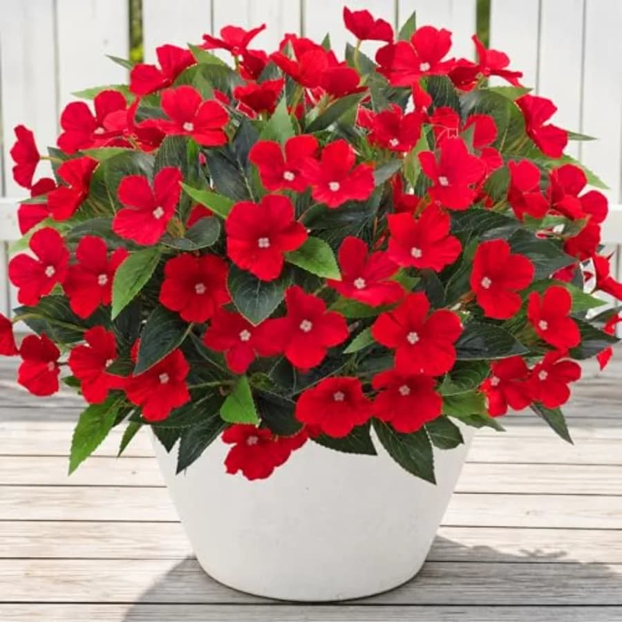 6 Bundles Artificial Flowers for Outdoors, Faux Silk Catharanthus Roseus Flowers Bouquet Fake Greenery Plant for Spring Summer