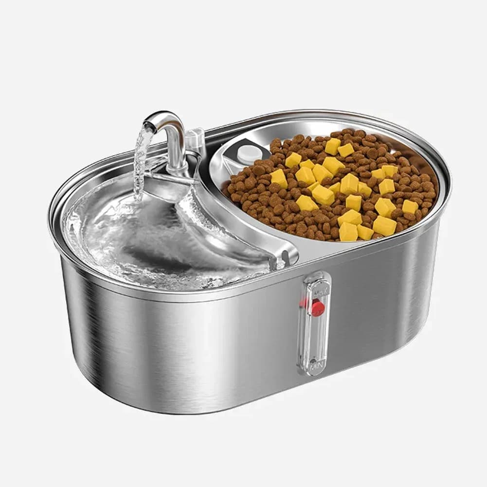2-in-1 Cat Feeder and Water Fountain, Automatic Pet Food Dish & Drinking Bowl Combo, Stainless Steel, for Cats and Small Dogs