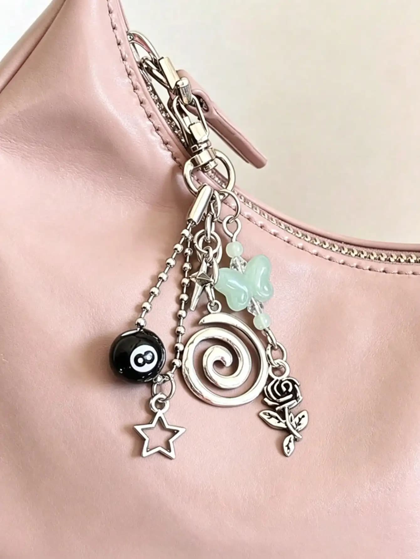 Handmade Semi-Precious Stone Keychain, Hippie Style Key Ring, Hippie Accessories Silver Swirl Bag Charm, Billiard Bag Charm, Butterfly Bag Charm, Bead Bag Charm, Silver Star Bag Charm