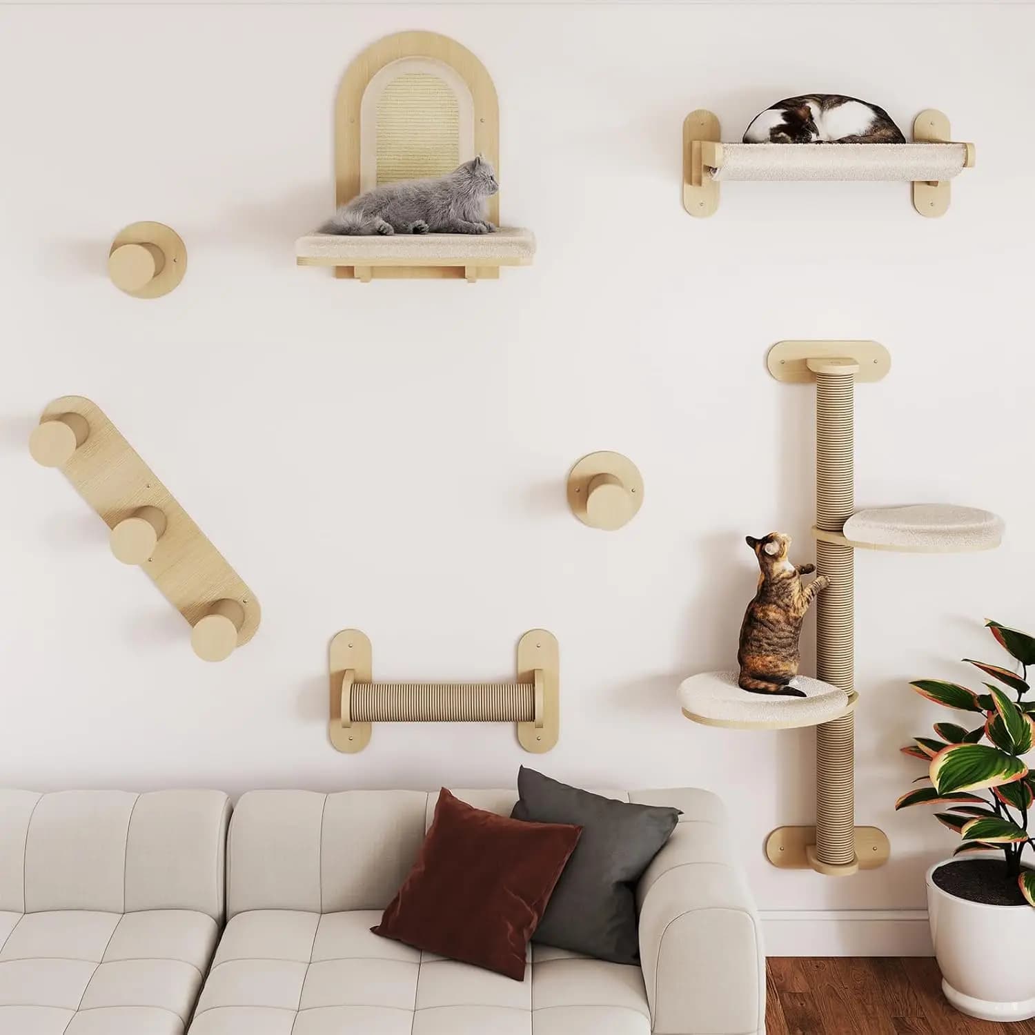 Set di 7 Mensole a Muro per Gatti, Albero per Gatti in Legno Massiccio, Multi-Livello, Robuste Strutture da Parete con Posti per Tirare i Artigli