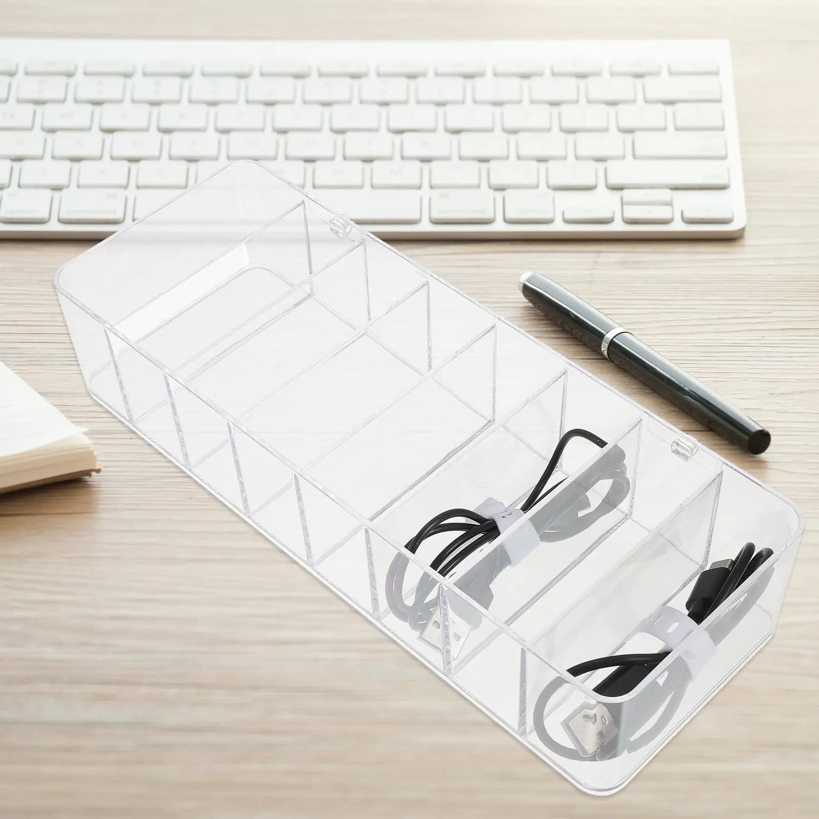 1Set High Transparency Cable Storage Box with Cable Ties Classic Texture Design for Desktop Electronics Organizer Bin Charger