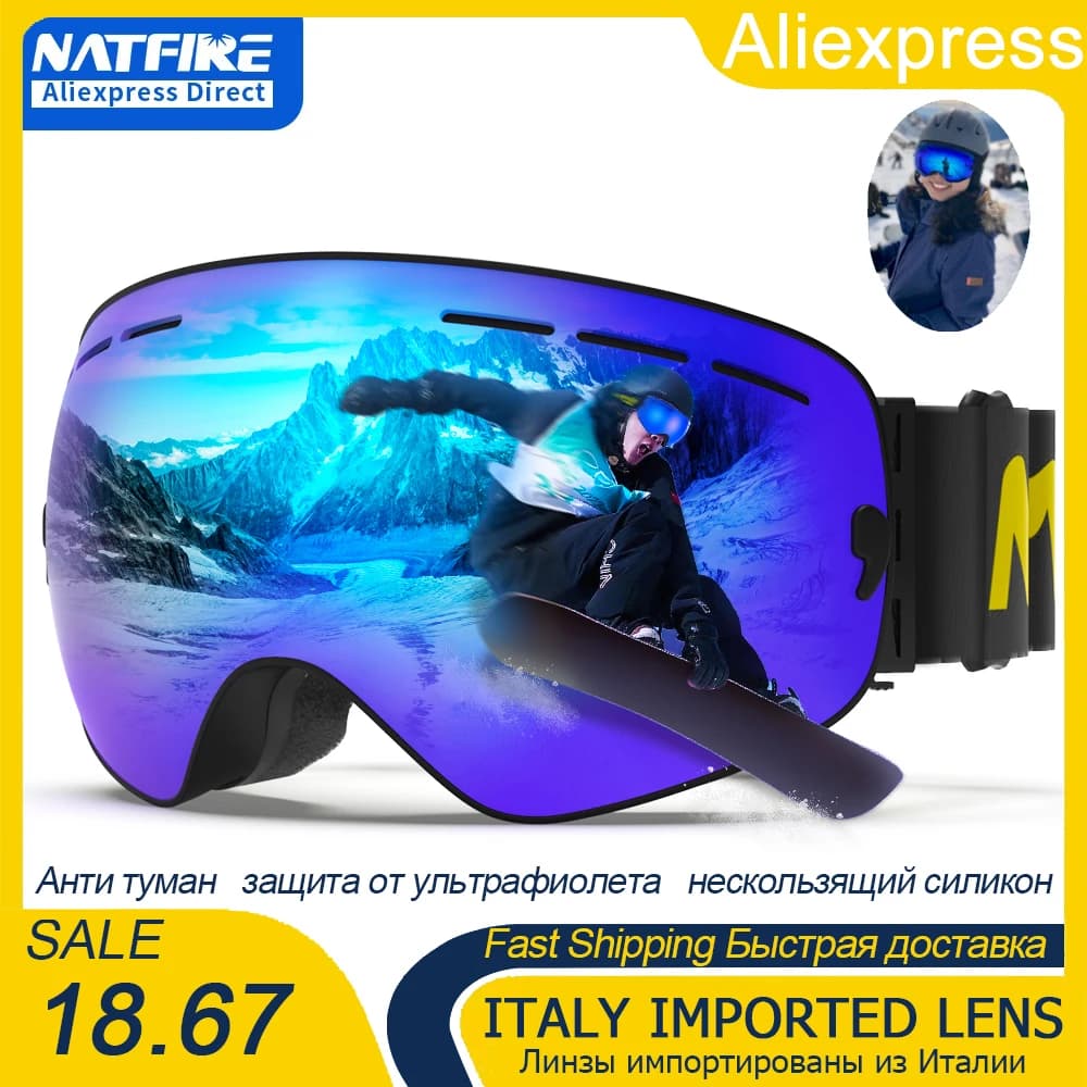 Occhiali da sci Pro 100% Protezione UV400 Anti Fog Lenti intercambiabili Occhiali da sci Snowboard Occhiali da neve per uomo Donna Natfire