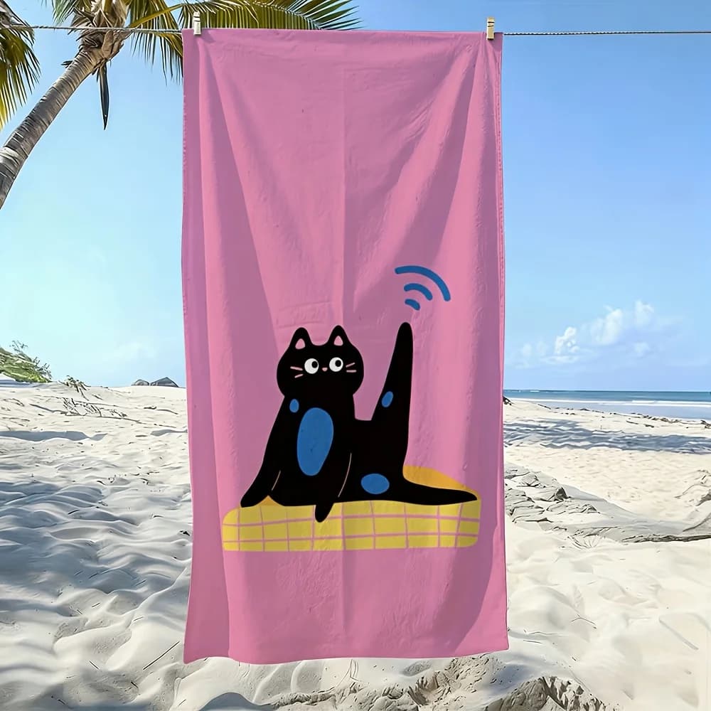 Simpatico telo mare WiFi con gatto nero e stampa 2D, anti-sabbia, ad asciugatura rapida, in microfibra, per spiaggia, yoga, immersioni, viaggi, bagno, idea regalo