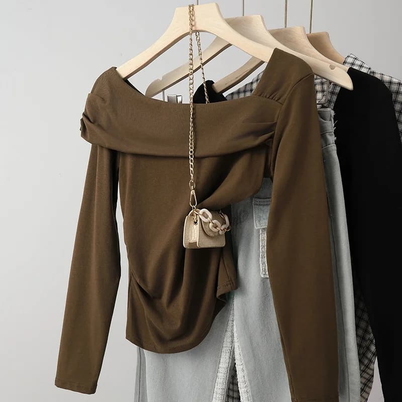 Slim Fit Long Sleeve T-Shirt Women's Short Style One Shoulder Design Unique Pure Desire American Hot Girl Top Commute Style S...