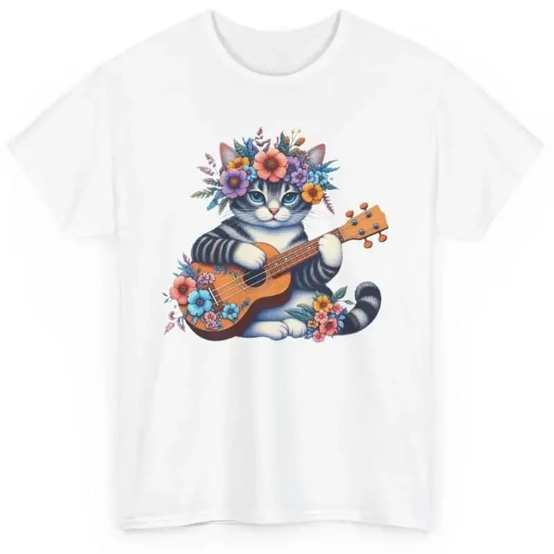 Cute Musician Cat Playing Ukulele T Shirt Novelty Music Lovers