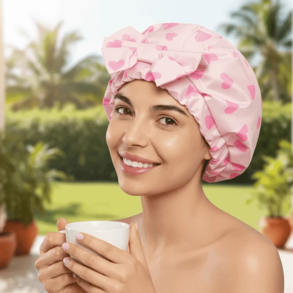 Cuffia da bagno impermeabile a doppio strato, a pois, elastica, comoda e morbida, per la cura dei capelli, per il nuoto