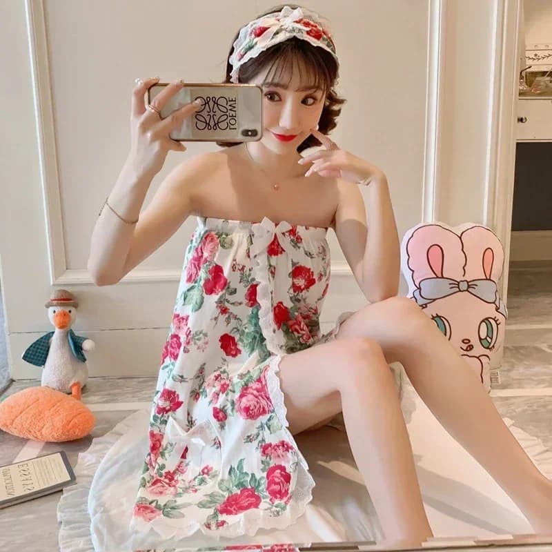 2025 Summer Sexy Lace Wrap Petto Bathroom Towel Vestaglie for Women Cotton Print Cute Nightwear Tube Top Bathrobe Nightwear Nightwear