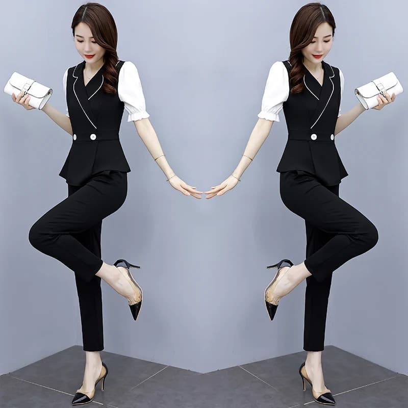 Elegant 2-piece Office Set Pant For Women Blue Blazer Notched Lapel Ankle-length High-waisted Pencil Pants Casual Office Outfits