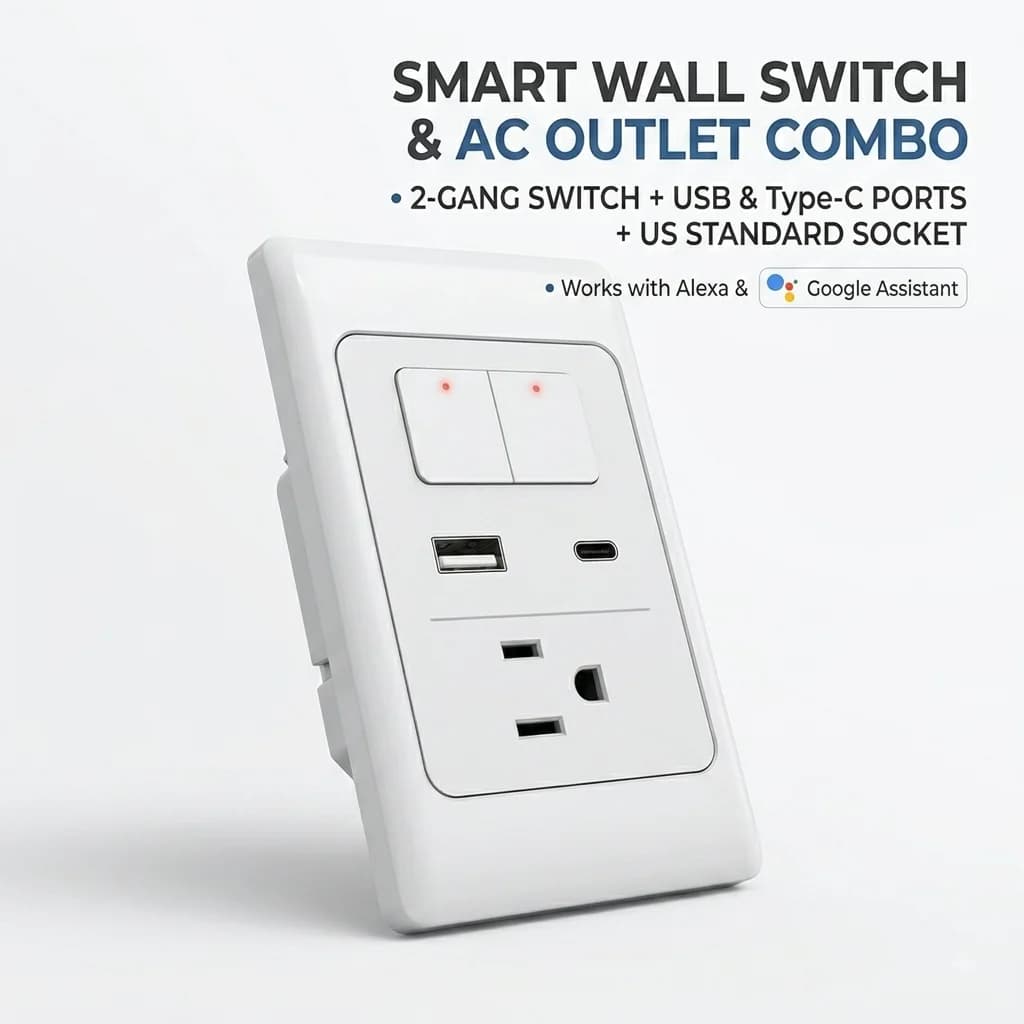 Smart Switch Socket Needs Neutral Live Wire Dual AC Outlet Wall Plate with Fast USB Type-C Charging Ports Remote Control WiFi